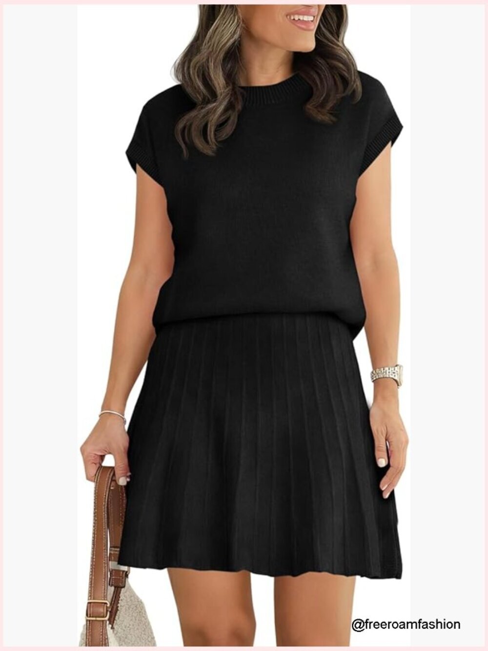 Skirt Sets 2 Piece Outfits Cap Sleeve Sweater Tops Pleated Mini Skirt Knit